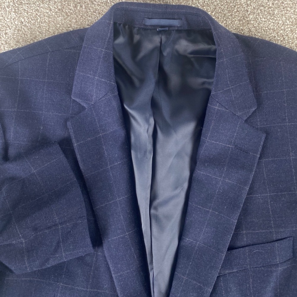 Jos. A. Bank 1905 Slim Navy Blue Windowpane Wool Stretch Blazer Sport Coat 46R